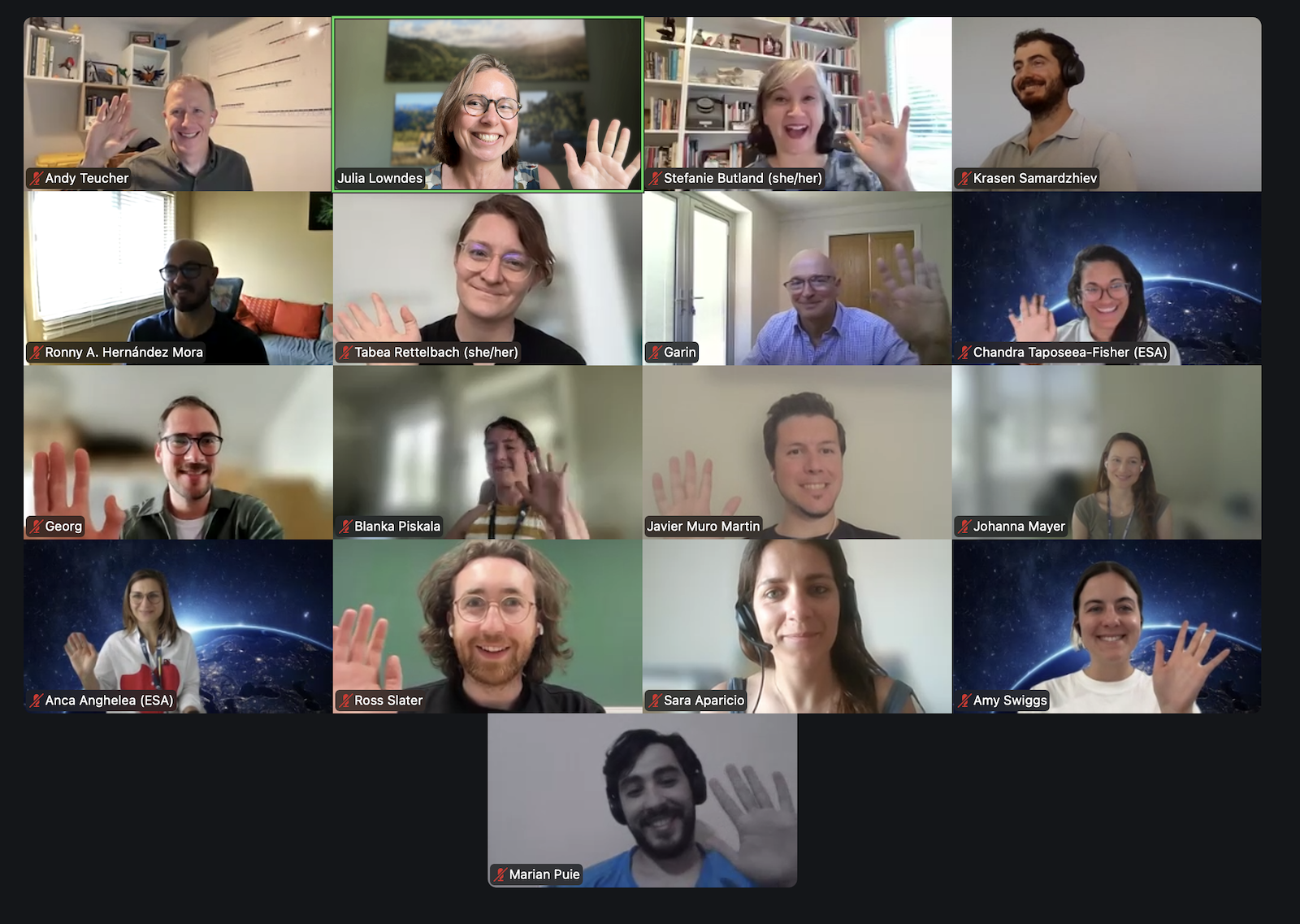 video conference participants in a 4 by 4 grid. People are smiling and waving